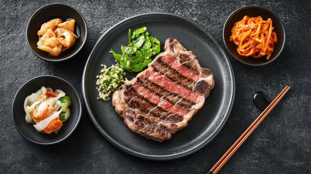 A succulent grilled steak garnished with vibrant sides of greens, kimchi, and seasoned rice, beautifully arranged on a dark plate with chopsticks.の素材