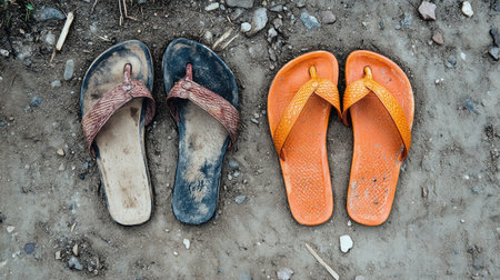 A pair of worn flip flops in contrasting colors sits on a sandy surface, showcasing the everyday choice of footwear for casual and relaxed summer activities.の素材