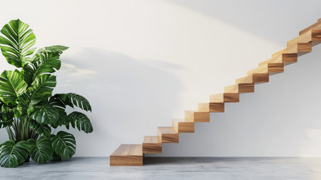 A stylish wooden staircase seamlessly integrates with a lush green plant, creating a harmonious minimalist design in a contemporary interior space. Perfect for home decor inspiration.の素材