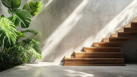 A serene interior scene featuring a wooden staircase, lush greenery, and soft sunlight creating a calming and inviting atmosphere in a minimalist design.の素材
