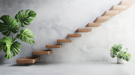 This image showcases a stunning wooden staircase paired with vibrant indoor plants, creating a harmonious and inviting atmosphere in a modern interior space.の素材