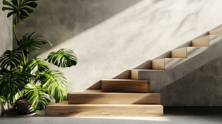 A serene interior featuring an elegant wooden staircase accompanied by lush tropical plants, illuminated by soft natural light to create a calming atmosphere.の素材
