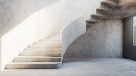 A stunning curved staircase in a minimalist interior showcases a seamless blend of modern design and natural light, creating an inviting and serene atmosphere perfect for contemporary living.の素材