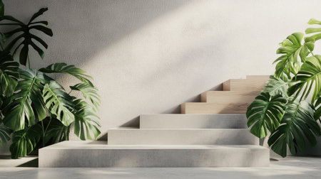 A serene interior scene featuring concrete steps and vibrant green plants, blending modern design with natural elements for a peaceful aesthetic perfect for home decor.の素材