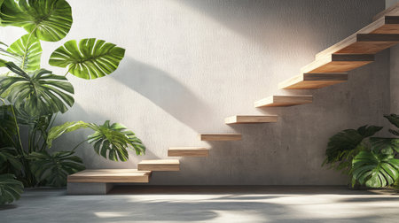 A serene minimalist interior featuring floating wooden stairs, complemented by lush greenery and bright sunlight, creating an inviting and modern living space.の素材