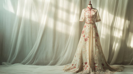 A stunning floral embroidered dress elegantly displayed on a mannequin, set against flowing drapery and soft natural light, perfect for bridal inspiration and fashion showcases.の素材