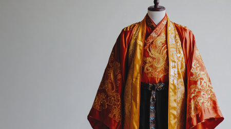 This stunning traditional costume features vivid colors and intricate dragon designs, beautifully showcased on a mannequin in a minimalist studio setting.の素材