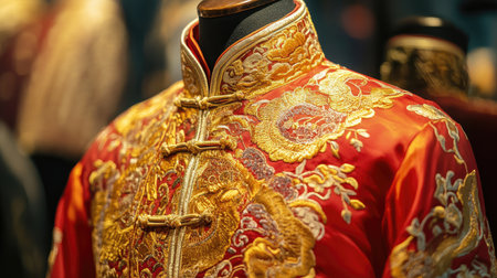 This striking red silk jacket features exquisite embroidery, showcasing traditional craftsmanship and cultural heritage, perfect for fashion enthusiasts and art lovers alike.の素材