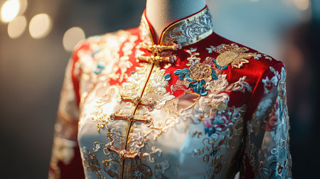 This stunning traditional dress features a vibrant red and white color scheme, adorned with intricate embroidery, reflecting cultural elegance and craftsmanship in fashion design.の素材