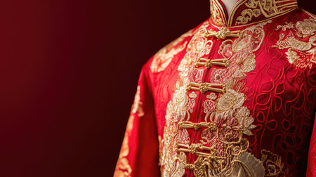 This stunning red traditional garment, adorned with intricate gold embroidery, captures the essence of cultural heritage and fashion artistry. Perfect for celebrations and special occasions.の素材