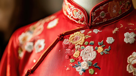This close-up image captures a stunning red traditional garment adorned with intricate floral embroidery, highlighting the beauty of cultural craftsmanship and design.の素材