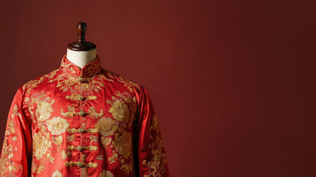 Elegant red silk garment with detailed floral embroidery displayed on a mannequin, representing rich cultural heritage and traditional craftsmanship in fashion design.の素材