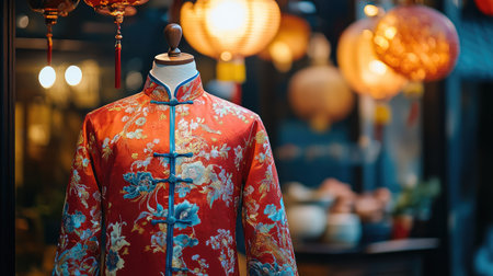 A vibrant red traditional Chinese garment, featuring floral patterns, stands prominently in a culturally rich marketplace adorned with colorful lanterns, creating a festive atmosphere.の素材