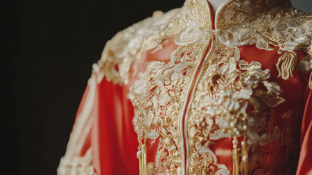 A stunning red garment featuring intricate gold embroidery displayed on a mannequin, reflecting rich cultural traditions and exceptional craftsmanship in fashion design.の素材