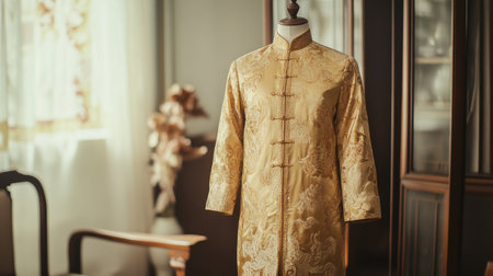 A stunning golden traditional attire showcased on a mannequin in a beautifully lit living room, featuring elegant design and intricate embroidery that highlights cultural heritage.の素材