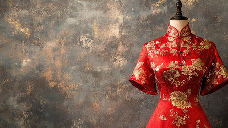 Stunning red traditional dress adorned with intricate gold embroidery displayed on a mannequin, set against a textured dark background, ideal for fashion and cultural photography.の素材