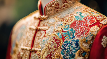 This image features a beautifully crafted traditional garment with rich red and gold embroidery showcasing intricate floral patterns, perfect for festive occasions.の素材