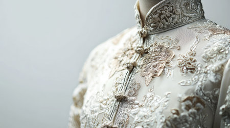 Captivating close-up of an elegant traditional garment showcasing intricate embroidery and rich textures, beautifully illuminated by soft natural light, perfect for cultural fashion displays.の素材