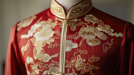 A close-up view of a striking red silk garment adorned with golden embroidery, showcasing intricate floral patterns and traditional design elements perfect for cultural festivities.の素材