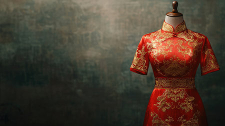 A stunning red dress highlighted on a mannequin, featuring intricate gold embroidery and a traditional design, perfect for showcasing elegance in fashion photography or decor.の素材