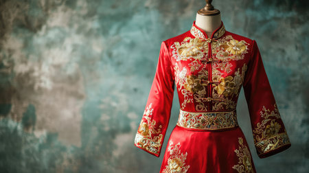 This stunning traditional red dress features intricate floral embroidery and is elegantly displayed on a mannequin, enhancing its cultural significance and artistic design.の素材