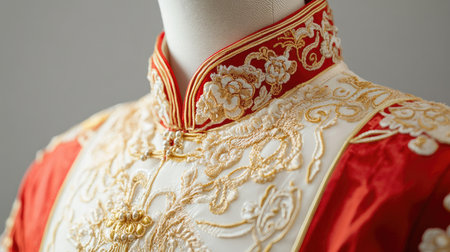 Captivating traditional garment showcasing elaborate embroidery and vibrant colors, emphasizing the rich cultural heritage and meticulous craftsmanship of fashion design.の素材