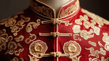 Discover the beauty of this red silk cheongsam adorned with intricate gold embroidery, symbolizing tradition and elegance, perfect for cultural celebrations and events.の素材