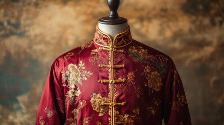 This stunning red silk jacket features intricate embroidery, showcasing traditional Chinese craftsmanship. Ideal for cultural fashion displays and celebrations.の素材