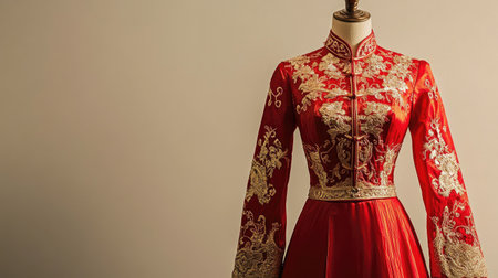 A stunning red traditional dress adorned with intricate gold embroidery, elegantly showcased on a mannequin. Perfect for fashion, cultural events, and design inspiration.の素材