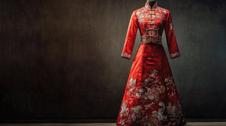 This stunning red dress features intricate embroidery, perfectly highlighted against a dark background. Ideal for fashion and cultural themes, this image captures elegance and artistry.の素材