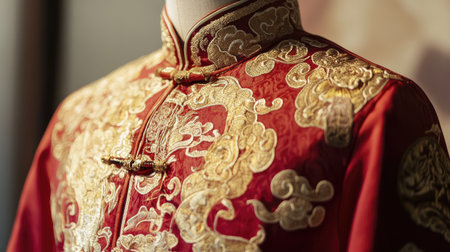 Discover a vibrant traditional Asian garment featuring intricate gold embroidery on luxurious red silk fabric, perfect for showcasing culture and elegant design.の素材