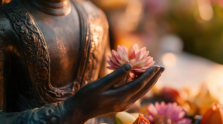 A stunning close-up of a Buddha statue gently cradling a pink lotus flower, set against a blurred backdrop of colorful petals, symbolizing tranquility and spiritual awakening.の素材