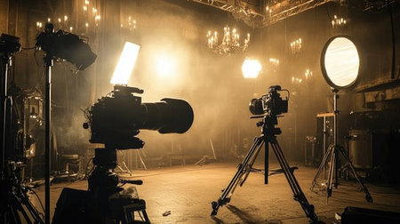 Captivating studio environment showcasing professional cameras and lighting gear enveloped in atmospheric smoke, perfect for creative film and photography projects.の素材
