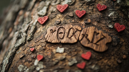 A close-up view of a rustic wooden sign with "love" engraved on it, surrounded by red hearts against tree bark, perfect for romantic themes and nature-inspired visuals.の素材