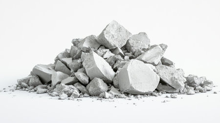 A detailed view of a pile of broken cement and concrete pieces against a stark white background, ideal for illustrating construction, demolition, and renovation themes.の素材