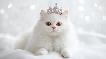 This captivating image features a fluffy white cat adorned with a sparkling crown, exuding elegance while resting on soft white bedding, surrounded by dreamy shimmering lights.の素材