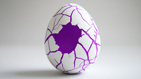 A striking image of a cracked egg featuring vibrant purple and white colors, perfect for artistic and creative projects highlighting unique textures and design elements.の素材