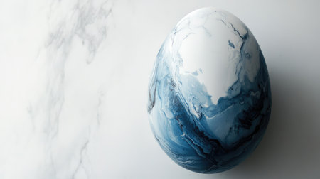 A stunning blue and white egg showcases a beautiful marble pattern on a smooth marble surface, perfect for artistic presentations or elegant dcor in modern spaces.の素材