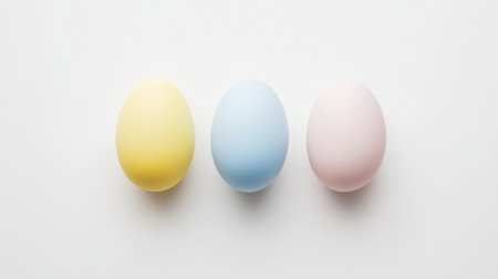 A beautiful arrangement of three soft pastel colored eggs on a white background, ideal for spring celebrations, Easter decorations, or minimalist art design.の素材