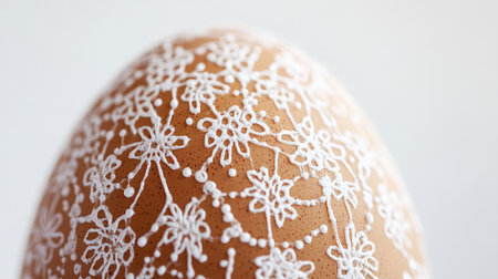 A beautifully decorated brown egg showcasing an intricate white floral design, ideal for Easter decorations, festive crafts, and artistic projects.の素材