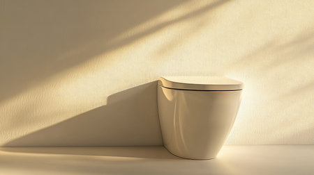 A serene bathroom scene showcasing a modern toilet bathed in soft light, highlighting minimalist design and elegant simplicity against a neutral-toned wall.の素材