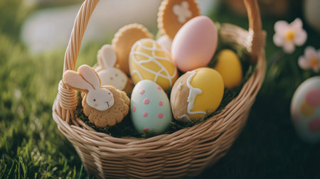 A beautiful Easter basket overflowing with intricately decorated eggs and adorable bunny-shaped cookies, set against a lush green grass background, capturing the essence of spring joy.の素材