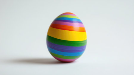 This vibrant striped egg stands out against a soft white background, symbolizing joy and celebration. Ideal for spring themes, holiday decor, or festive imagery.の素材