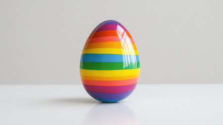 This vibrant rainbow egg stands proudly on a white surface, capturing the essence of spring and festive joy, making it a perfect decoration for celebrations and creative displays.の素材