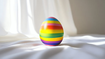 A vibrant striped egg rests on a soft white surface, illuminated by natural light. This colorful decoration captures the essence of spring and festive celebrations.の素材