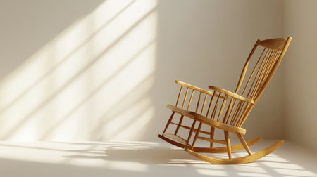 A beautiful wooden rocking chair placed in a minimalist interior, illuminated by soft natural light. The gentle shadows create a serene atmosphere perfect for relaxation.の素材