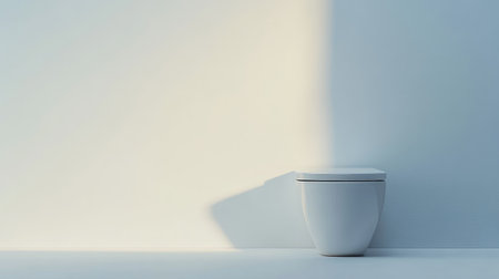 A sleek white toilet positioned against a softly lit wall creates a serene minimalist bathroom scene, ideal for modern design projects and interior decor inspiration.の素材