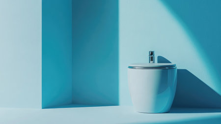 Discover a modern bathroom scene featuring a white toilet against soothing blue walls, creating a stylish, serene, and hygienic environment perfect for contemporary designs.の素材