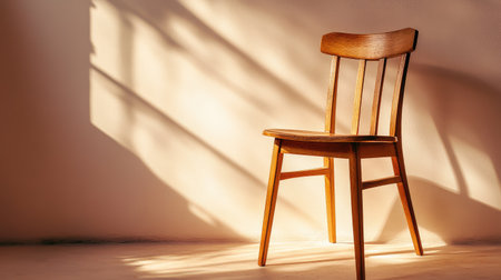 A single wooden chair stands gracefully in soft light, casting elegant shadows on a neutral wall. This image evokes a sense of calm and simplicity in design.の素材