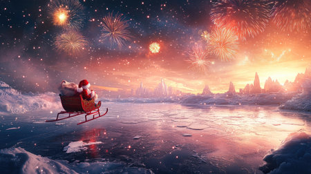 A magical winter scene featuring Santa Claus on a sleigh surrounded by an enchanting snowy landscape, celebrating the festive spirit under a dazzling fireworks display.の素材